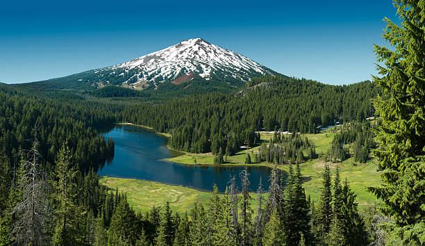 Todd Lake and Mt Bachelor, Oregon, USA. A beautiful panoramic photo of the lake and the mountain at the back. The forest very green also appear in the image. The weather conditions are excellent and the sky is very blue. Also the top of the mountain is snowed.